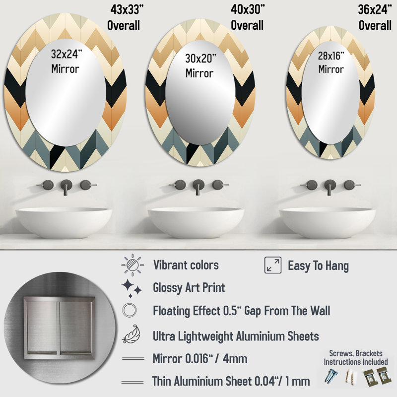 Ivoire Boho Accents Chevron - Miroir décoratif chevron ovale sur métal, H 36 po x l 24 po