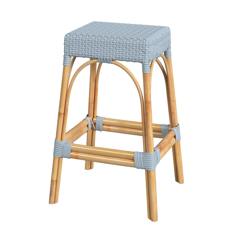 Tabouret de comptoir / de bar Lennart, Bleu bébé / cadre en rotin naturel, Tabouret de bar (siège d'une hauteur de 30 po)