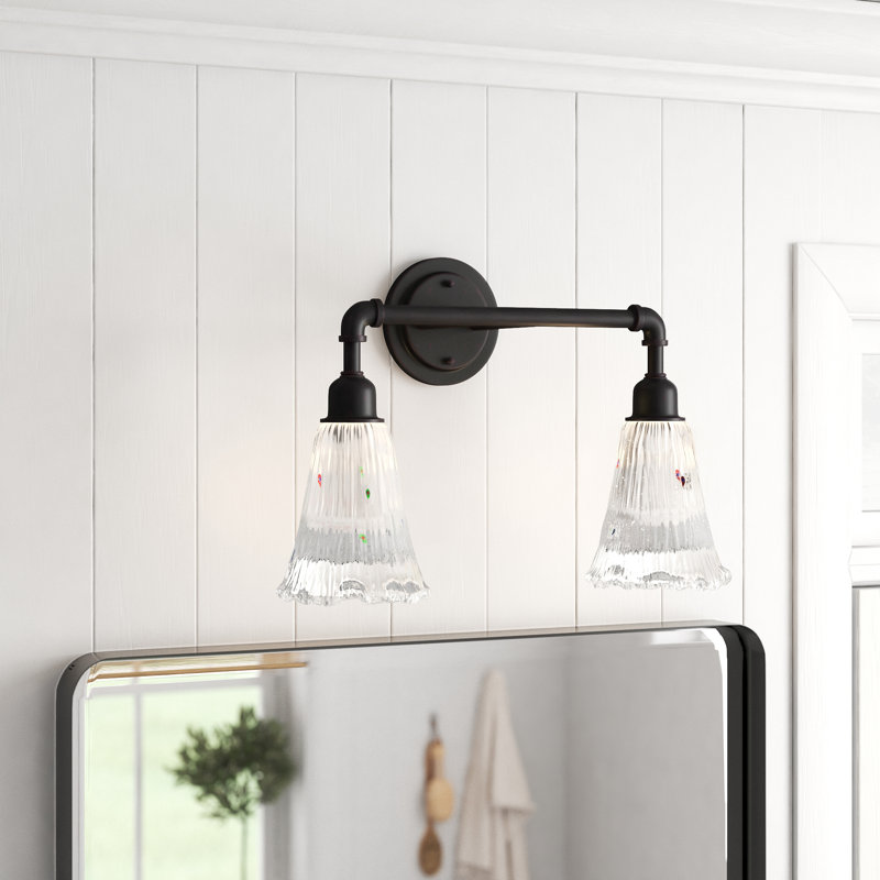 Barre d'éclairage de salle de bain 2 lumières Eilif Vintage en verre givré cannelé 5,5 po, Granit foncé