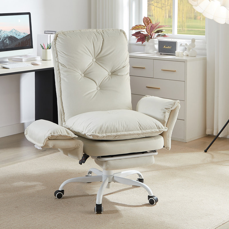 Chaise de bureau croisée beige en velours avec accoudoirs rabattables et repose-pieds, Velours beige, Blanc