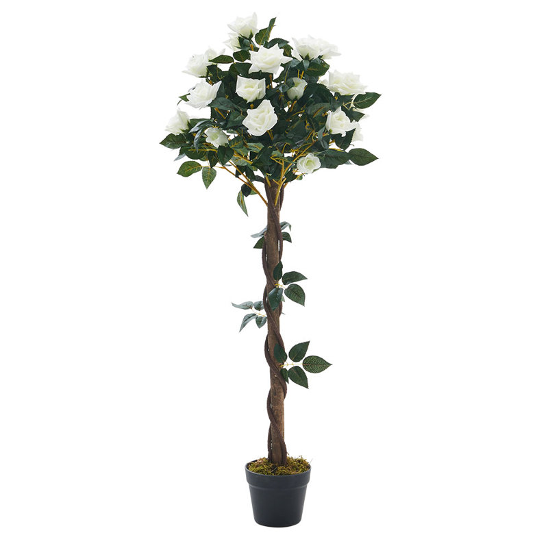 Faux Rose Tree in Pot, 47.2" H x 6.3" W x 4.5" D, White