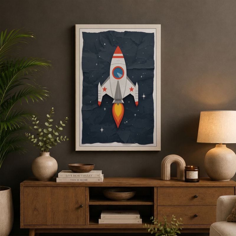 Rocket to the Stars Retro - Wrapped Canvas, 24x16 - 61.0 x 40.6 cm, Taupe Border