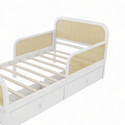 Structure de lit plateforme avec 2 tiroirs de rangement, lit en rotin pour enfants avec tête et pied de lit