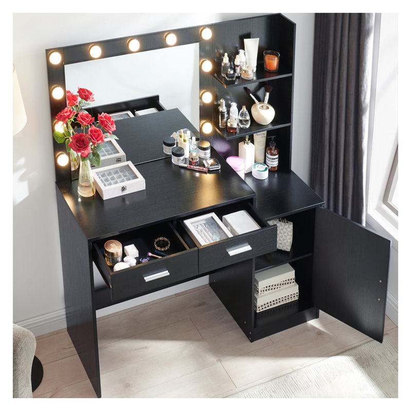 Bureau de coiffeuse avec miroir et lumières, coiffeuse 46,4 po avec 2 grands tiroirs et grand organisateur vertical, commode à 3 niveaux et 3 modes d'éclairage à luminosité réglable, convient à la chambre à coucher
