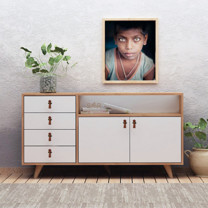 Modern Scandinavian Console Table with 4 Drawers & Wall-Mount Option, Oak & White Finish | 55.1 x 33.9 x 15.7 inches | 100% Melamine Coated Particle Board, PU Leather Handle, Sturdy Wooden Legs, Stylish & Functional Design