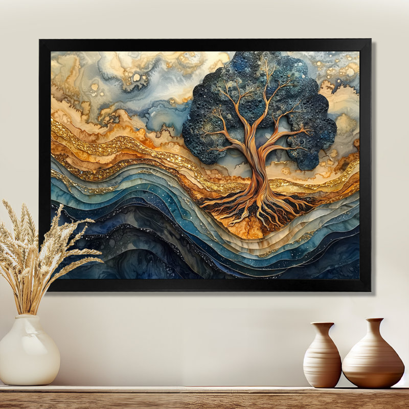 Décoration murale turquoise arbre de vie aqua infini doré, H 30 po x l 40 po, Reproduction d'une seule photo avec cadre, Noir