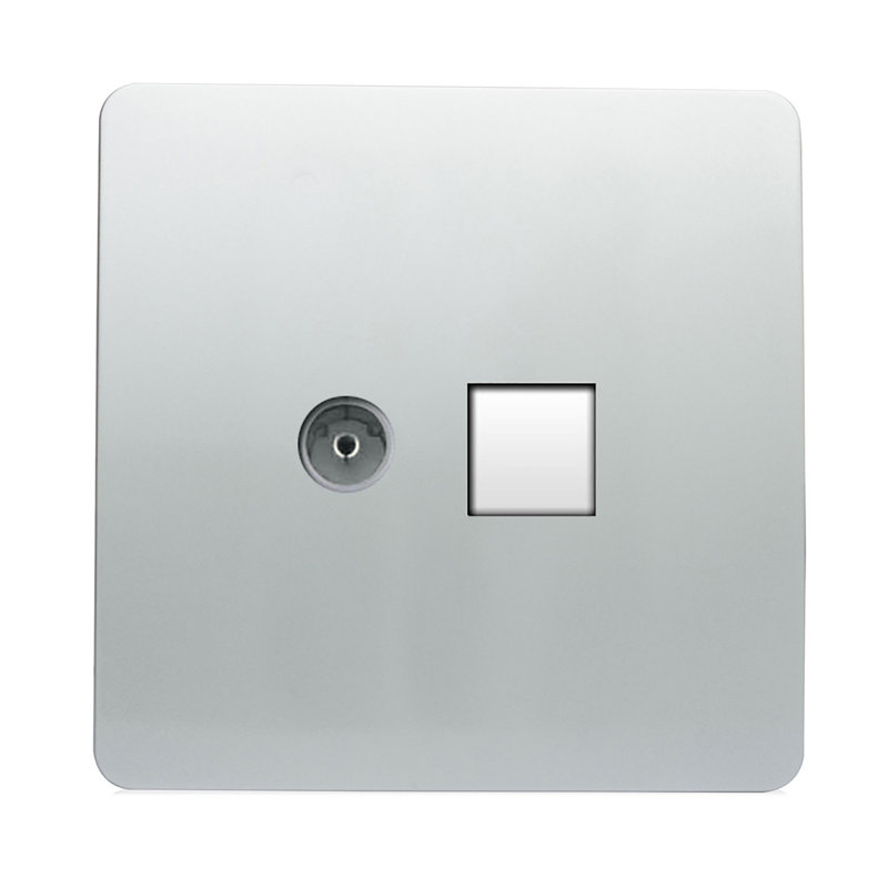 Trendi Switch 2 Gang Female TV Co-Axial & RJ45 Cat 5e PC Ethernet Sockets, Silver
