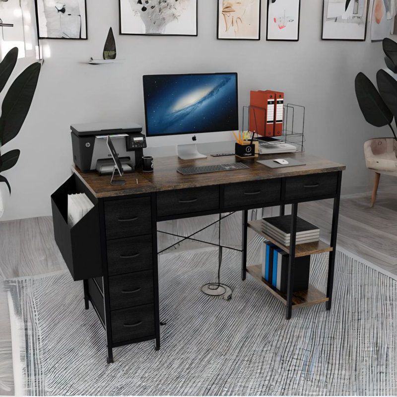 Bureau d'ordinateur avec prise d'alimentation électrique, Brun, Noir, noir, noir, noir