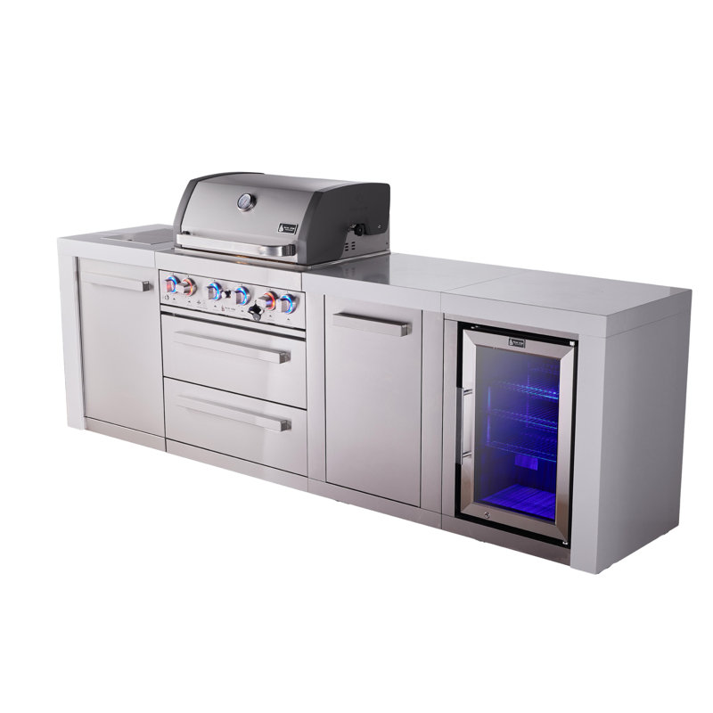 Îlot de cuisine modulaire en acier inoxydable de luxe avec réfrigérateur 107 po x l 32 po x 4 po + brûleur latéral + comptoirs en granite + armoires et tiroirs de rangement + couvercle + convertible au gaz naturel + Garantie à vie