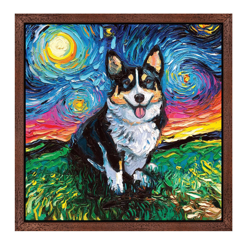 Tri-Color Corgi Night by Aja Trier - Floater Frame Painting on Canvas, Brown Framed, 66.04 cm H x 66.04 cm W