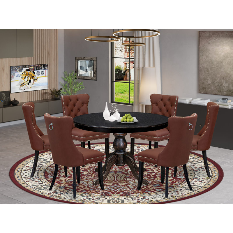 L'ensemble de table de salle à manger 7 pièces contient une table ronde de 48 po avec piédestal et 6 chaises rembourrées en polyester bourgogne, noir sablé