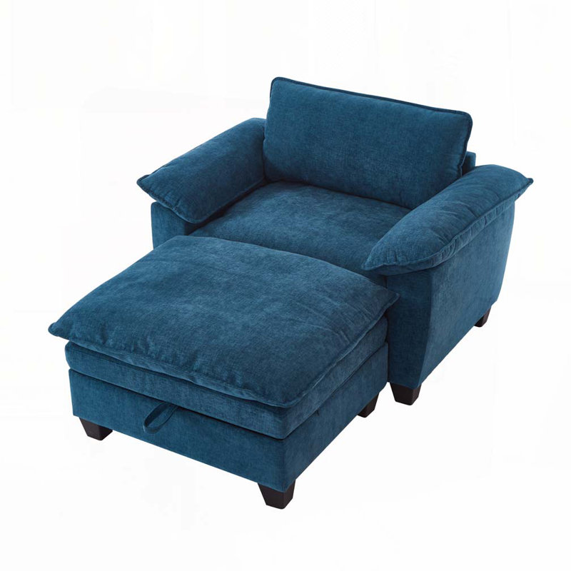 Méridienne surdimensionnée en chenille avec repose-pieds et rangement Chenille, Bleu