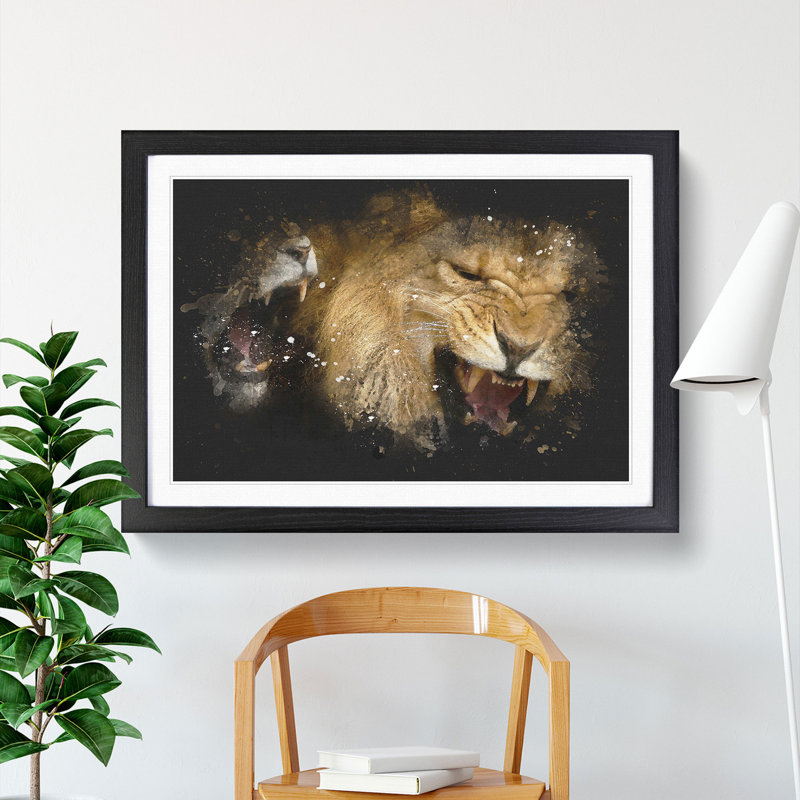 Two Lions - Picture Frame Graphic Art, 65cm H x 90cm W x 2cm D, Black