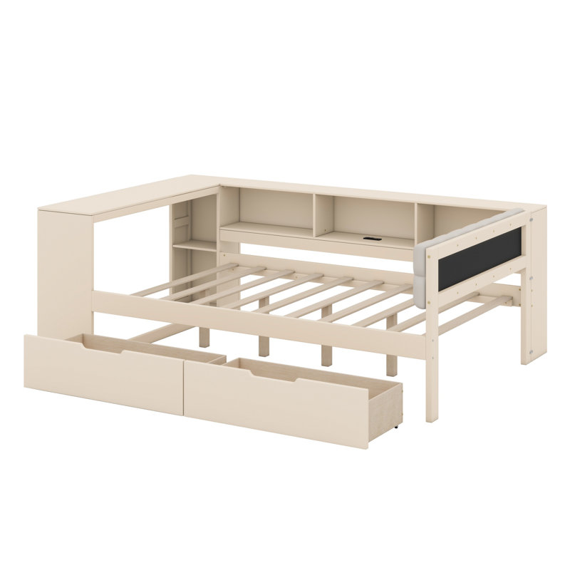 Lit plateforme avec tablettes de rangement, tiroirs, station de charge et tête de lit tapissier, Lit double, Crème, crème