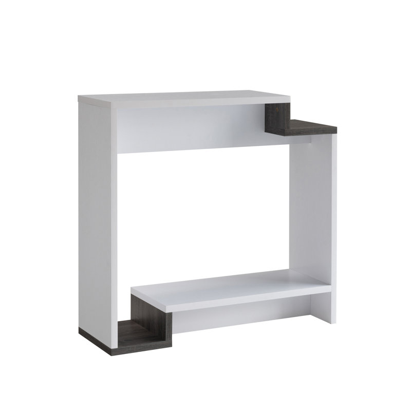 Console blanche et grise avec deux compartiments à tablettes ouvertes, structure multi-niveaux, convient aux petits espaces de divertissement, à la composition et à la décoration compacte