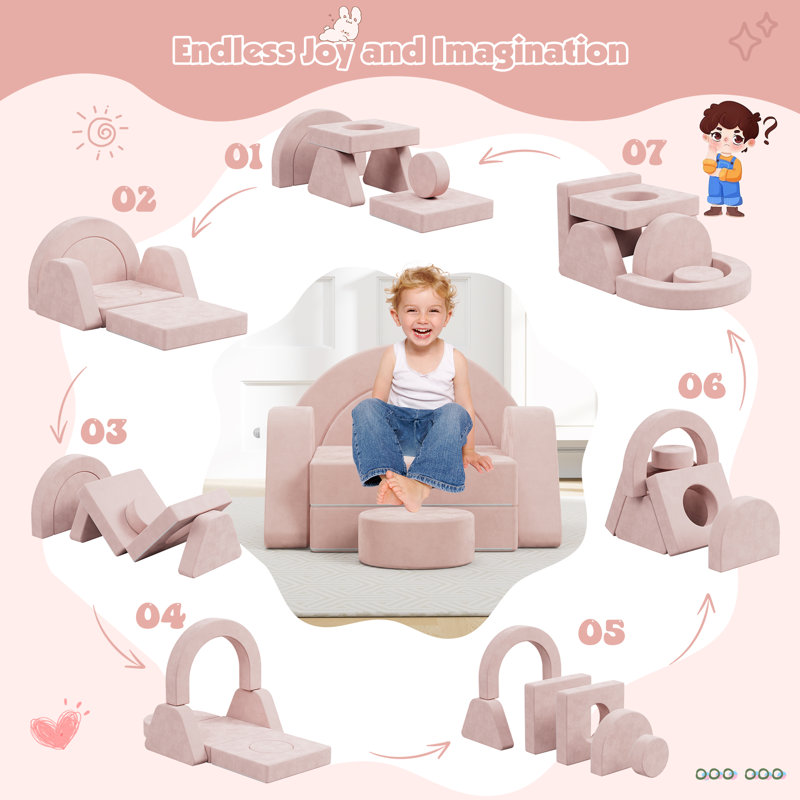 Modular Play Couch, Toddler Sofa, DIY Convertible Sofa with Soft Sponge Cushions, Pink