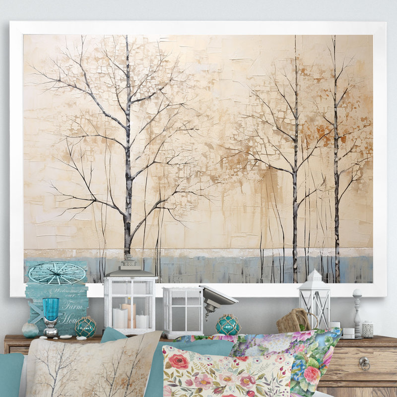 " Harmonous Beige Tree Art IV ", White Single Picture Framed, 16" H x 32" W x 1" D