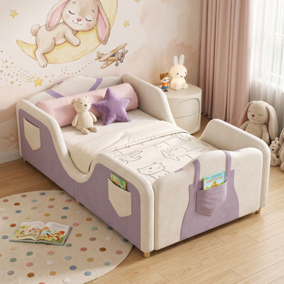 Lit rembourré pour tout-petits avec 6 poches de rangement, lit d'enfant pour lit de bébé avec garde-corps rembourrés doux, lit de transition à profil bas pour garçons et filles, 4 couleurs disponibles