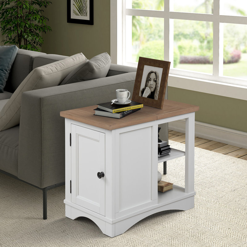Antinus Solid and Manufactured Wood End Table with Built-In Outlets and USB Ports, Weathered Natural Top/Dove Base