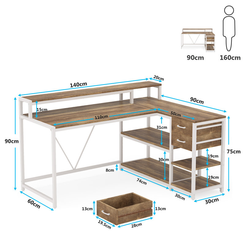 104.1Cm W L-Shaped Computer Desk, Oak/White