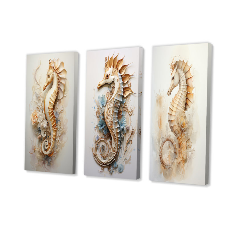 Beige magique hippocampe - ensemble de 3 décorations murales hippocampe, Toile tendue, H 28 po x l 36 po
