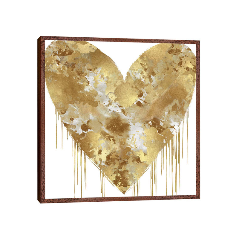 Big Hearted Gold And White by Lindsay Rodgers - Print on Canvas, 45.72cm H x 45.72cm W x 3.81cm D, Classic Brown Wood Framed