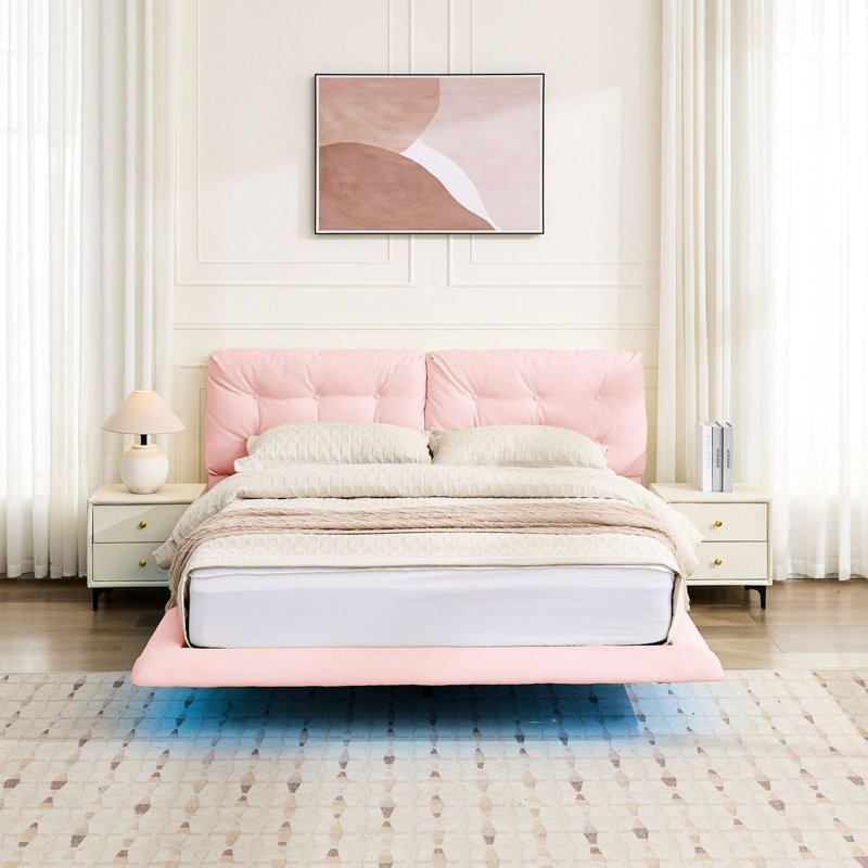 Cadre de lit flottant pour grand lit avec lumières DEL, rose, sans sommier, taille rose paisible, cuir d'unité centrale, configuration stable