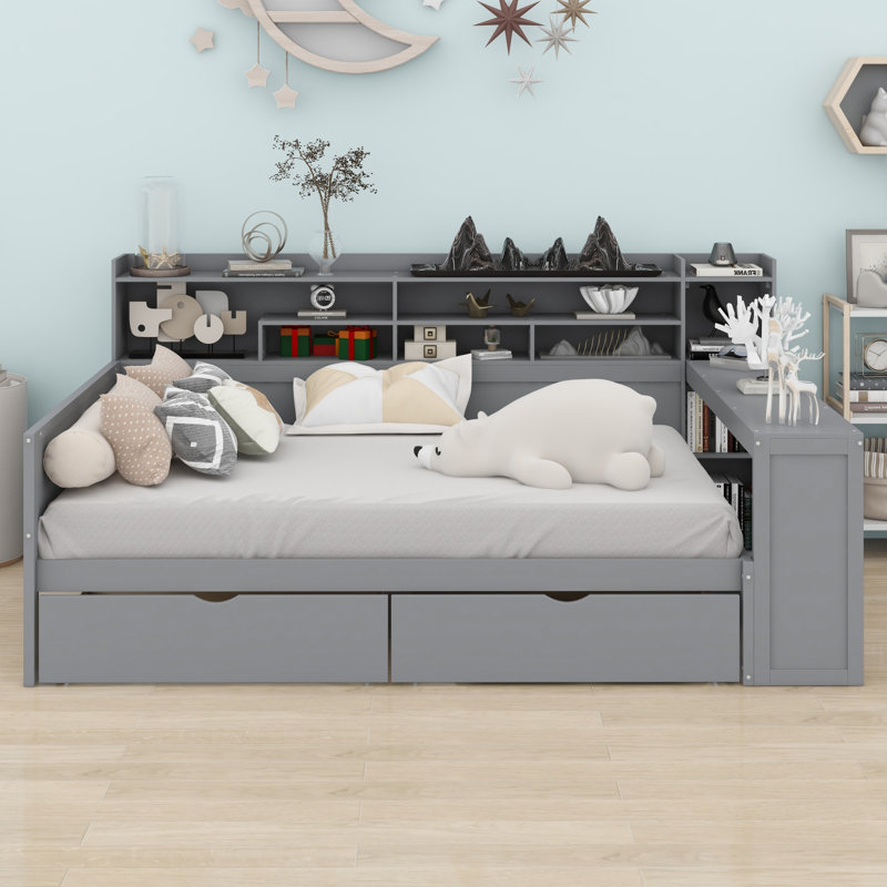 Wooden Daybed With Storage Shelves, Multi-Functional Bed With Two Storage Drawers And Study Desk, Gray