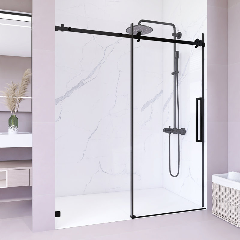 Porte de douche coulissante simple sans cadre de 56 po à l 60 po x H 72 po avec verre trempé transparent de 1/4 po (6 mm) d'épaisseur, revêtement facile à nettoyer, quincaillerie en acier inoxydable