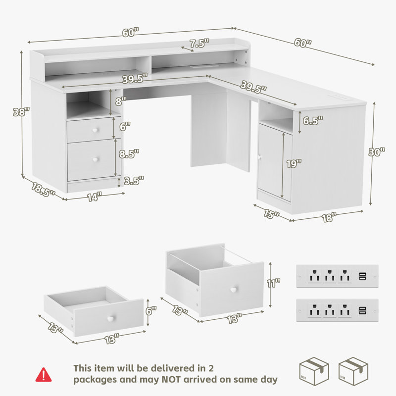 Bureau d'ordinateur en L avec lumières DEL et prises de courant, Blanc