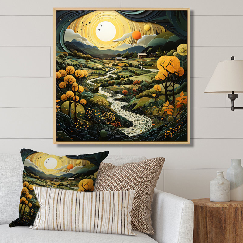 «Countryside Reverie Pointillism» - reproduction d'art, H 16 po x l 16 po x P 1 po, Cadre naturel flottant