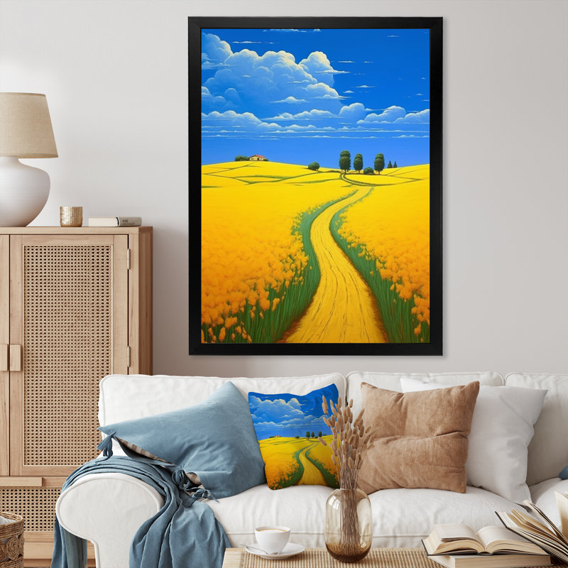 «Golden Blossoming Fields Under A Deep Blue Sky», reproduction sur toile, H 44 po x l 34 po x P 1,5 po, Cadre photo noir