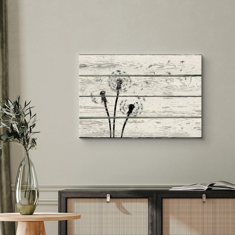 Dandelion " Windy Black & White Dandelion Silhouette Nature Flowers Wood Effect Panels Illustrations Rustic ", Wrapped Canvas