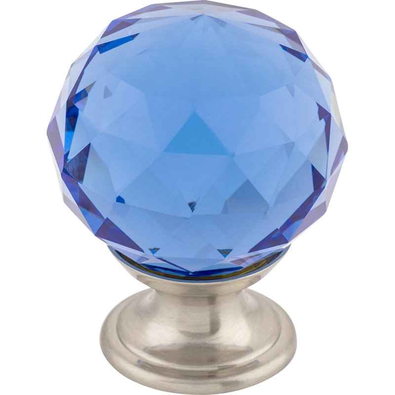 Clear Crystal 1 3/8" Diameter Round Knob, Brushed Satin Nickel, Blue
