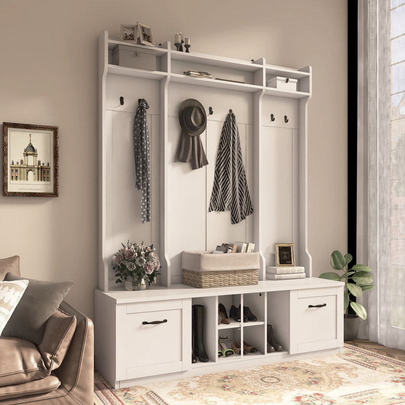 Entryway Hall Tree With 2 Spacious Drawers And Adjustable Shelves, White
