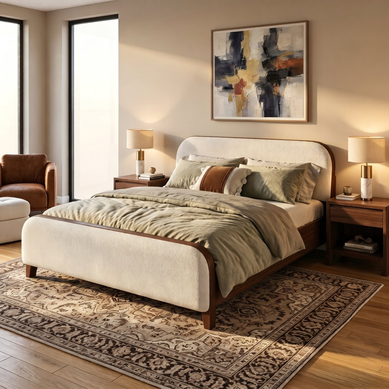 Cadre de lit plateforme Yelton Modern Boucle avec tête et pied de lit arrondis, pieds en pin pour une chambre à l'ambiance feutrée