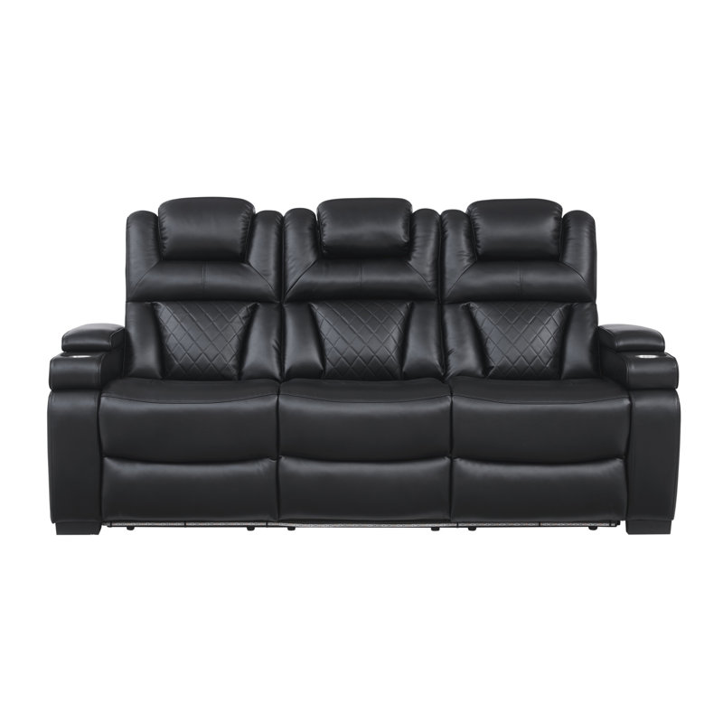 82''Wide Breathable Leather Square Arms Power Reclining Sofa With Reading Lights And Drop Down Table, Black Faux Leather