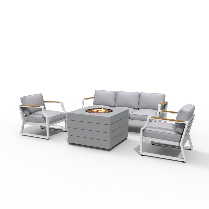 Ensemble de conversation en osier / rotin pour 5 personnes avec coussins Rienaldo, Blanc