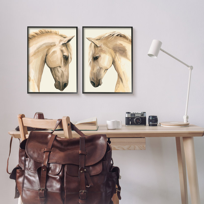 «Stoic Farm Horse Portrait» par Grace Popp - Ensemble de 2 peintures sur bois, Giclée encadrée noir minuit