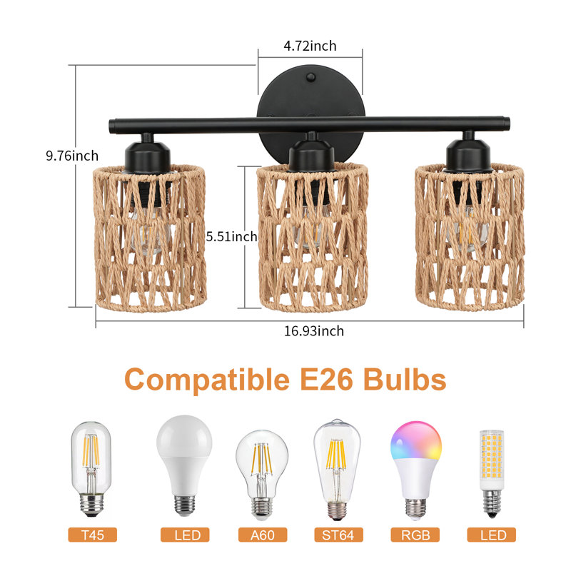 Applique murale à bras 3 lumières Boho avec abat-jour noir tissé pour miroir 