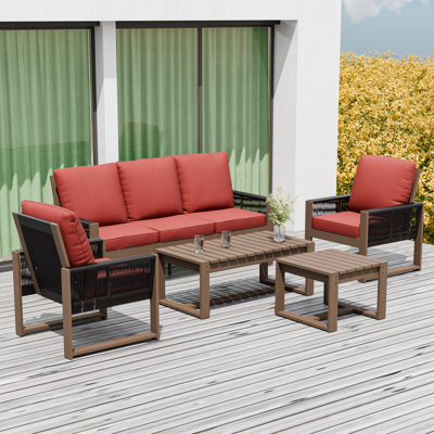 5-Person Patio Sofa Seating Group Cedar Wood Frame Brown Wicker with Cushion, Coffee Tables
