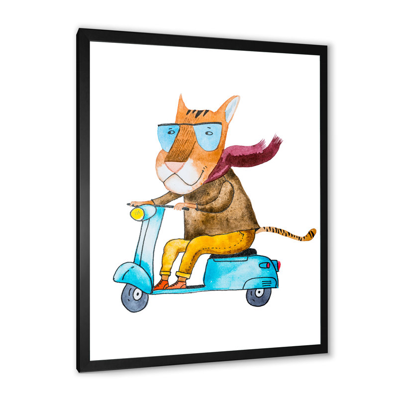Dessin de tigre sur un scooter - Art mural pour enfants, art sur toile, H 36 po x l 24 po x P 1 po