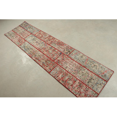 Authentic Turkish Runner Rug in Vibrant Red Offering Vintage Patchwork Design Perfect for Hallway Decorations