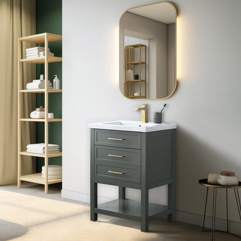 Vicini 24'' Single Vanity with Ceramic Top, Vintage Green / Brushed Gold