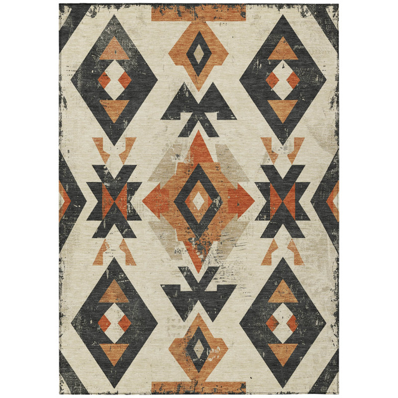 Machine Washable Indoor/Outdoor Xhevrie Ivory Rug, Rectangle 10' x 14'