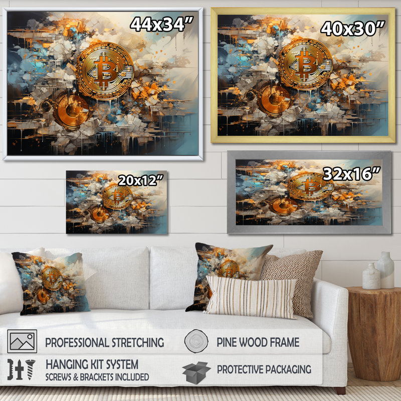 Pearl Prosperity Fashio Bitcoin sur toile, H 24 po x l 32 po x P 1 po, Cadre simple noir