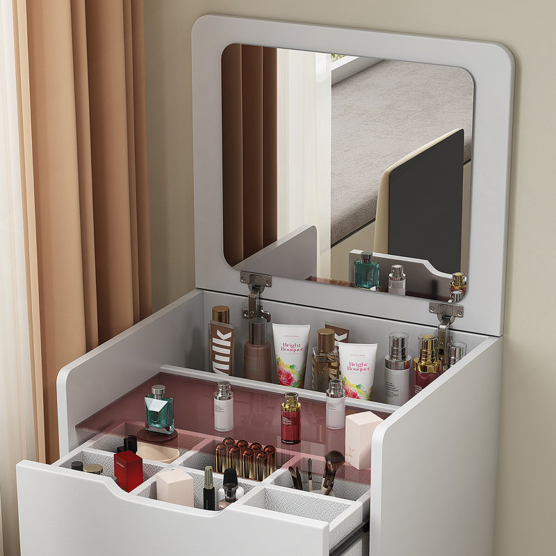 Meuble-lavabo 3 en 1 avec miroir à plateau rabattable, petit ensemble de coiffeuse avec dessus en verre visible