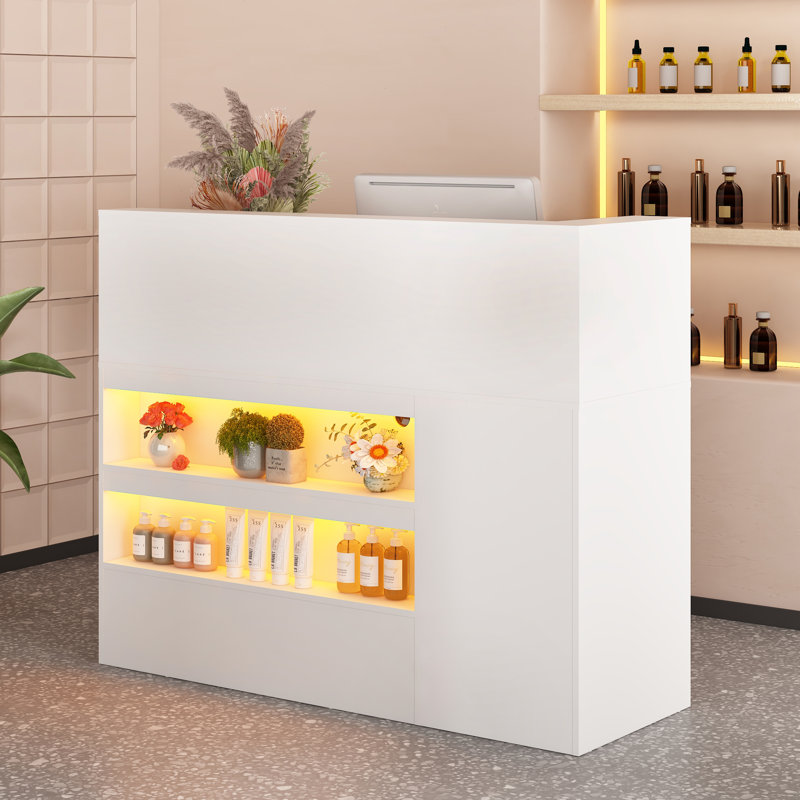 55" Reception Desk with LED Lights, Double-Layer Display Rack, L-Shaped Front Desk Reception Room Table Drawer With Lock