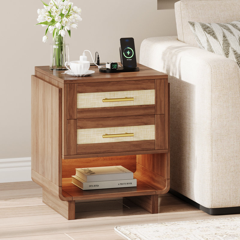 2-Drawers Rattan Nightstand with Charging Station & Led Light, Brown