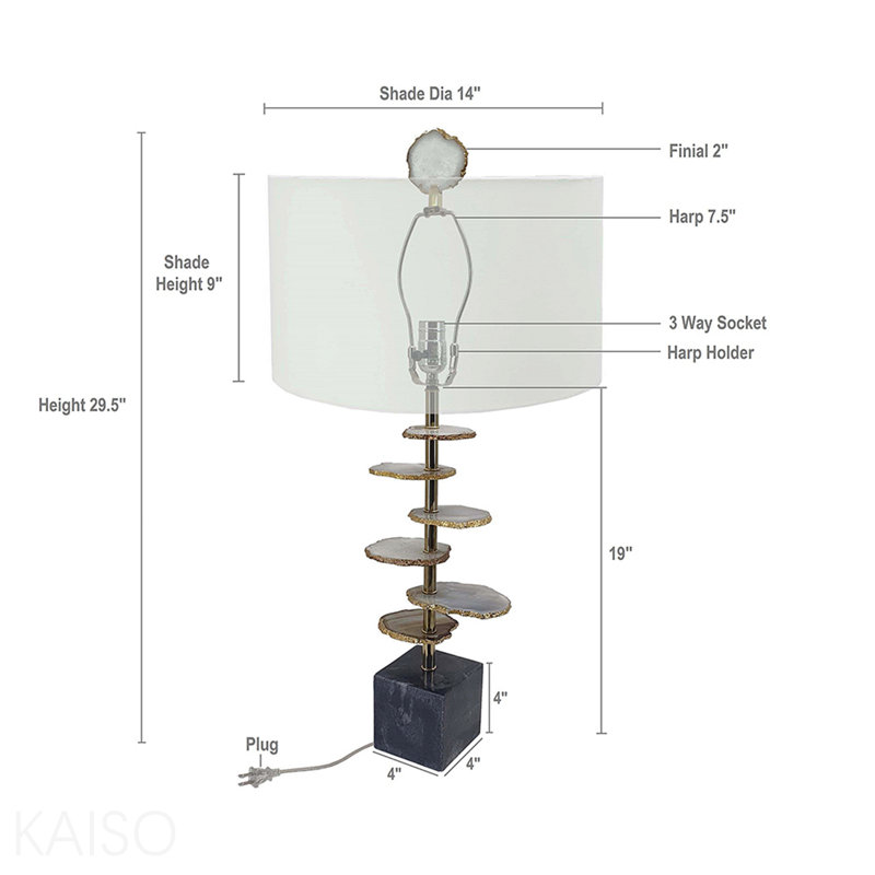 D14x29.5" Smoke Agate-Slice Table Lamp W/ Marble Base